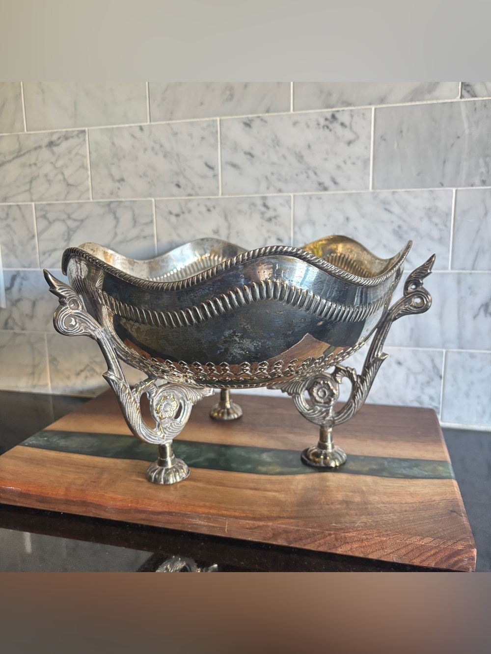 Vintage Ornate Silver-Plate Brass Centrepiece Console Bowl